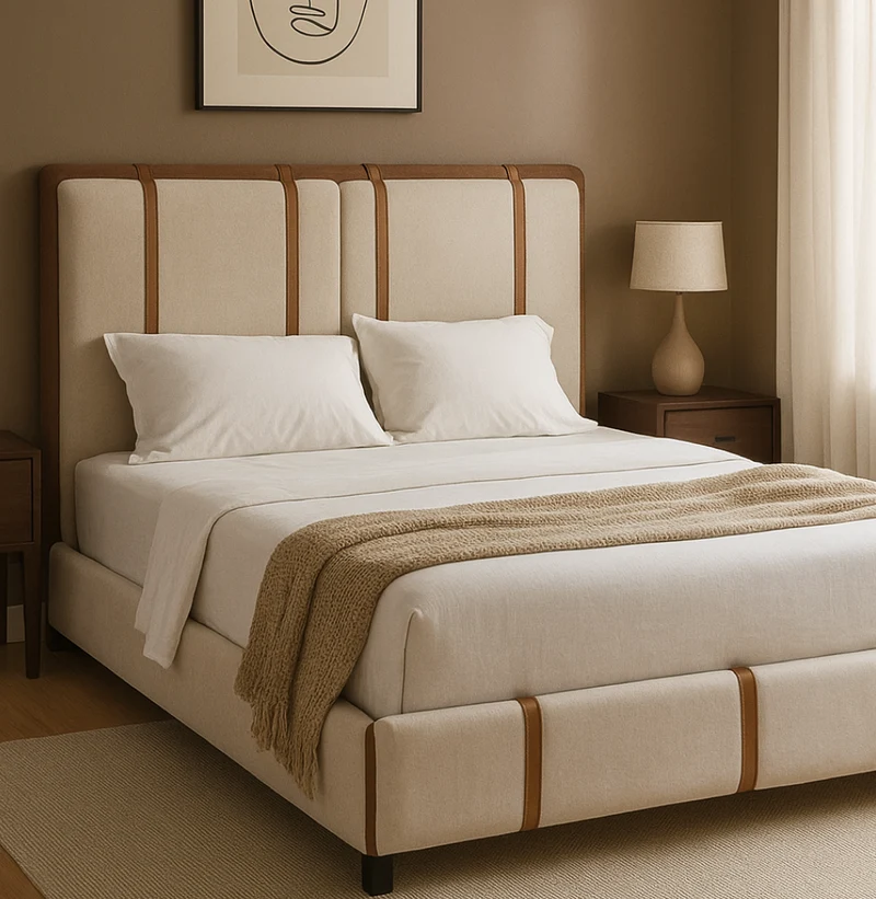 Cama Tapizada en Bouclé con Correas de Cuero – 1.60 x 1.90 m