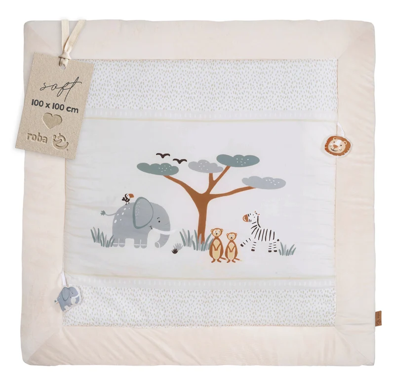 Krabbel- & Spieldecke 'Savanna Friends' 100 x 100 cm aus Baumwolle - Beige / Weiß