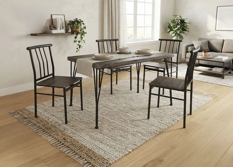 Conjunto de Mesa y 4 Sillas, Efecto Madera y Metal. Comedor o Cocina