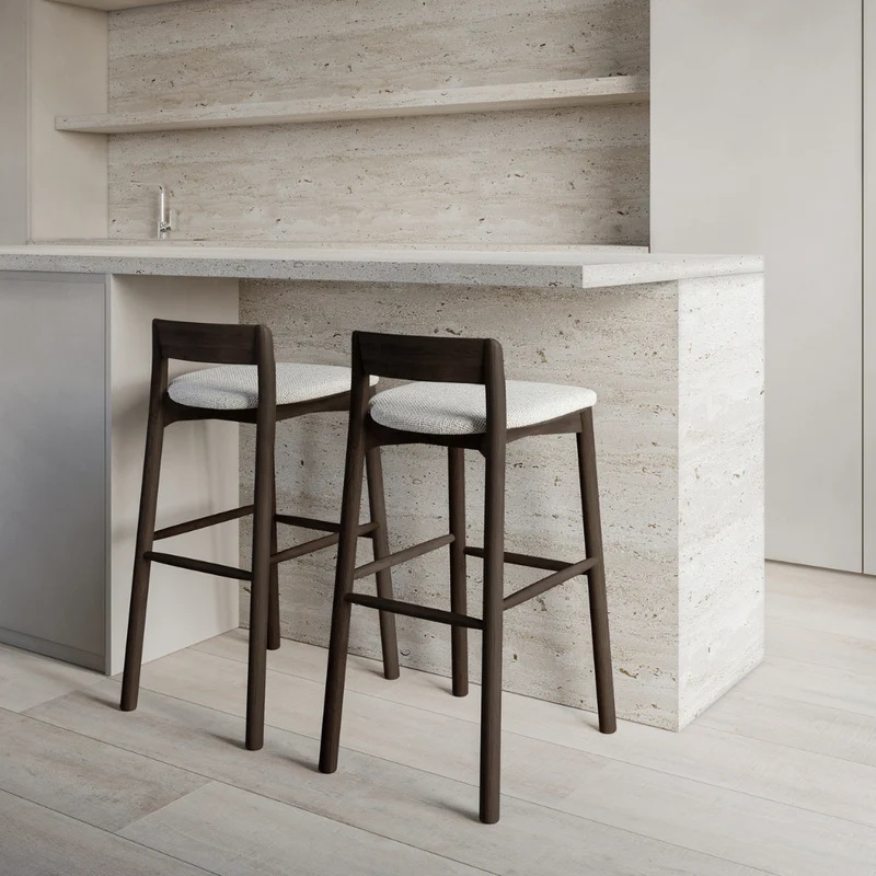 Taburete Charmes - Nogal oscuro - Asiento de tela - Tejido moteado Sandstone - Altura del asiento 65 cm