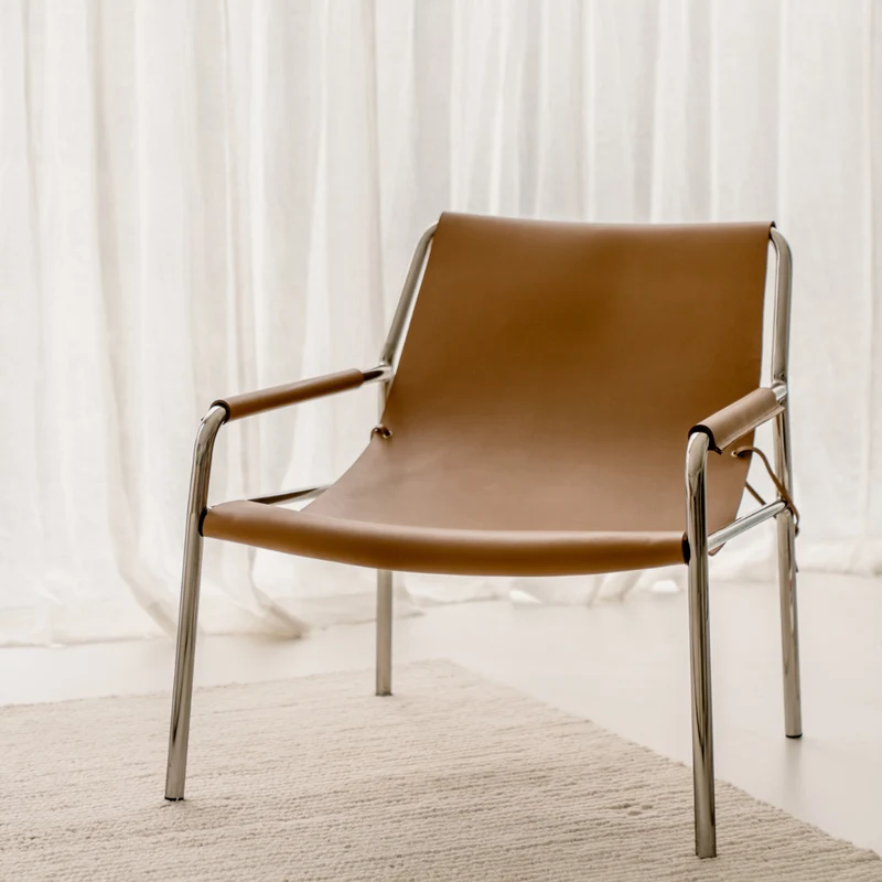 Sillón Azur - B78 cm - marco de acero cepillado - cuero cognac claro
