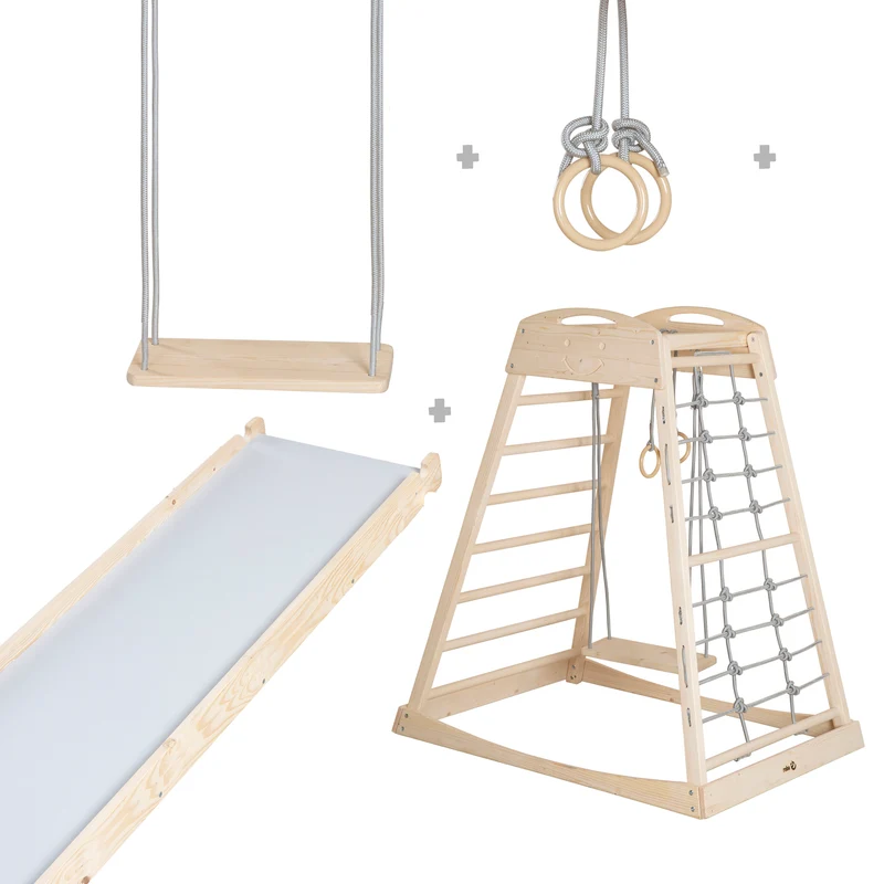 Set Indoor Spielturm inkl. komplettem Zubehör - Holz natur / Grau