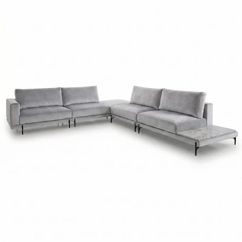 Sofá Seccional 4 Cuerpos Cobble en L con Mesa de Mármol Tela Gris - 2.69x2.97m a Confección