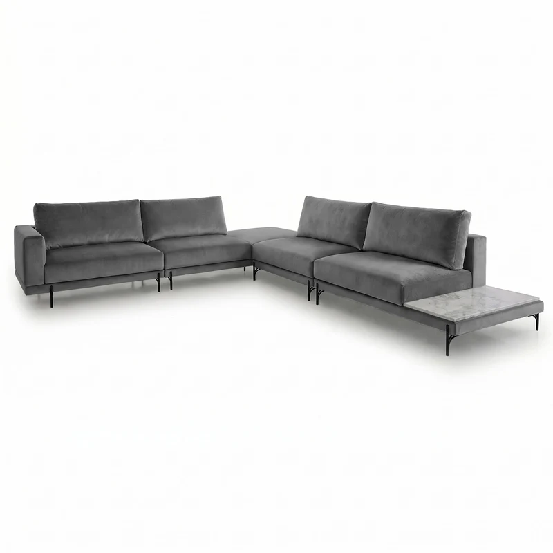 Sofá Seccional 4 Cuerpos Cobble en L con Mesa de Mármol Tela Gris Oscuro - 3.09x2.97m a Confección