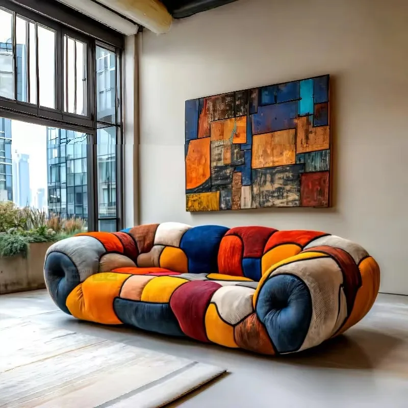 Colorful Mosaic Patchwork Curved Velvet Lounge Sofa