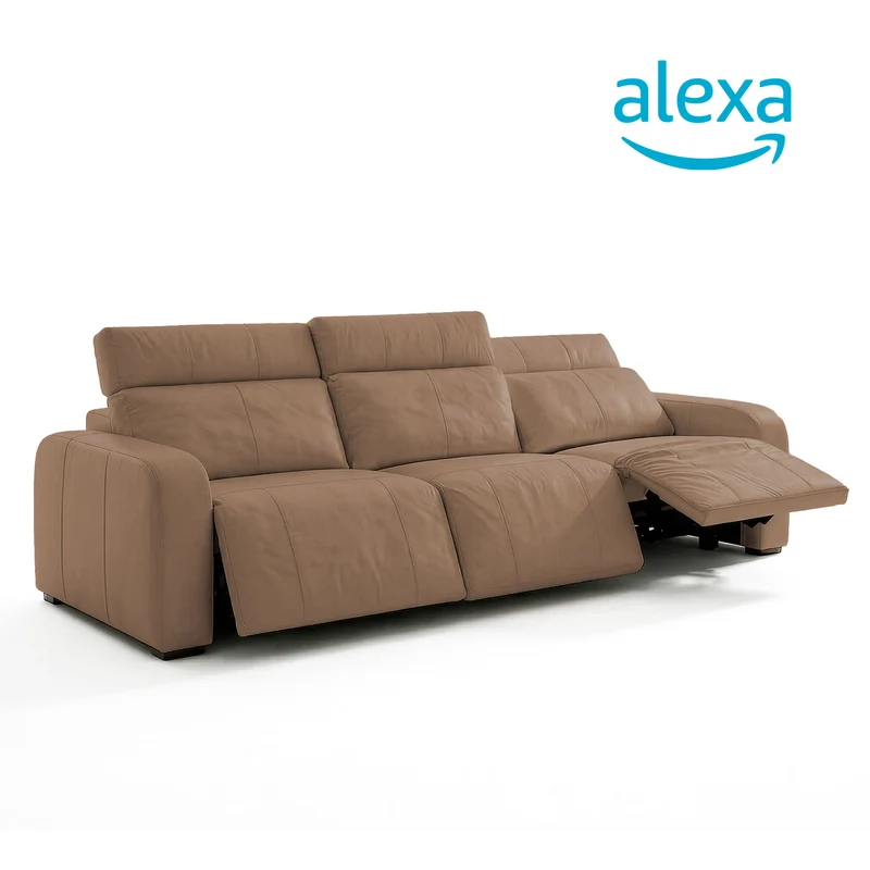 Sofá de Cuero Trivor Reclinable y Extensible 3 Cuerpos Almendra con Alexa - 3.42m a Confección