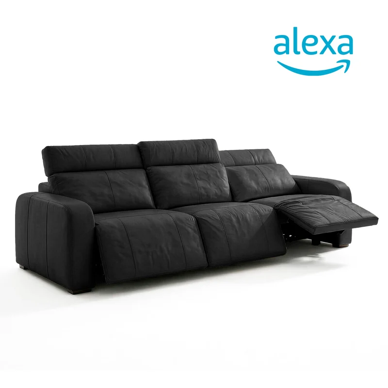 Sofá de Cuero Trivor Reclinable y Extensible 3 Cuerpos Negro con Alexa - 3.42m a Confección