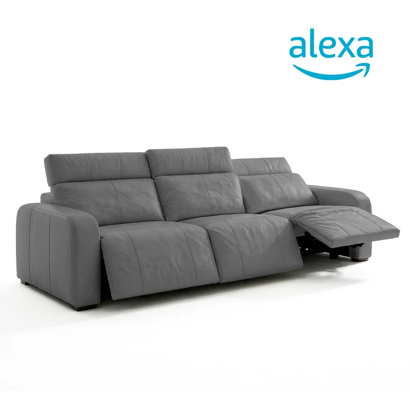 Sofá de Cuero Trivor Reclinable y Extensible 3 Cuerpos Gris con Alexa - 4.02m a Confección