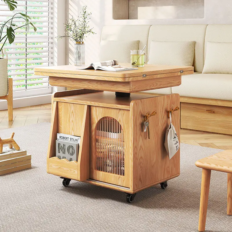 Japandi Natural Wood Liftable Wheeled Accent Table