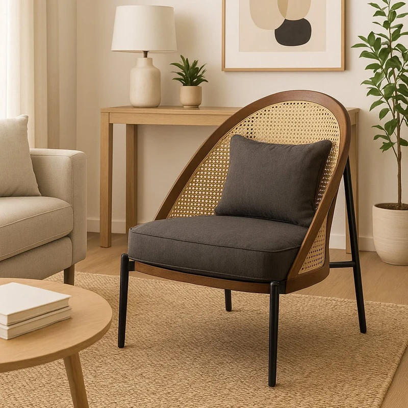 Cadeirão com Almofada Cinza com Costas em Rattan OZAWA