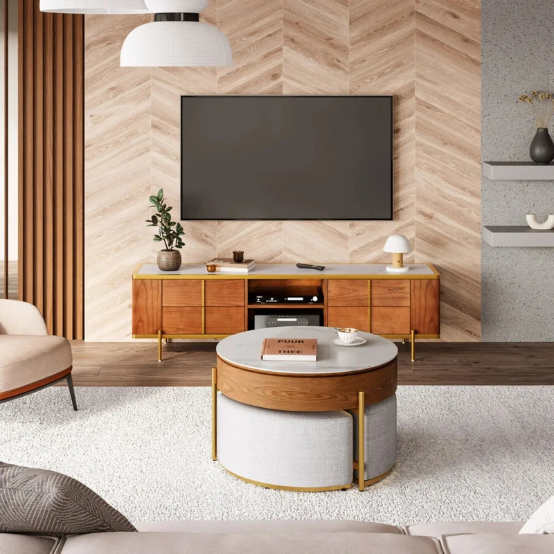 Ottoman Seating Liftable Wooden Coffee Table Set