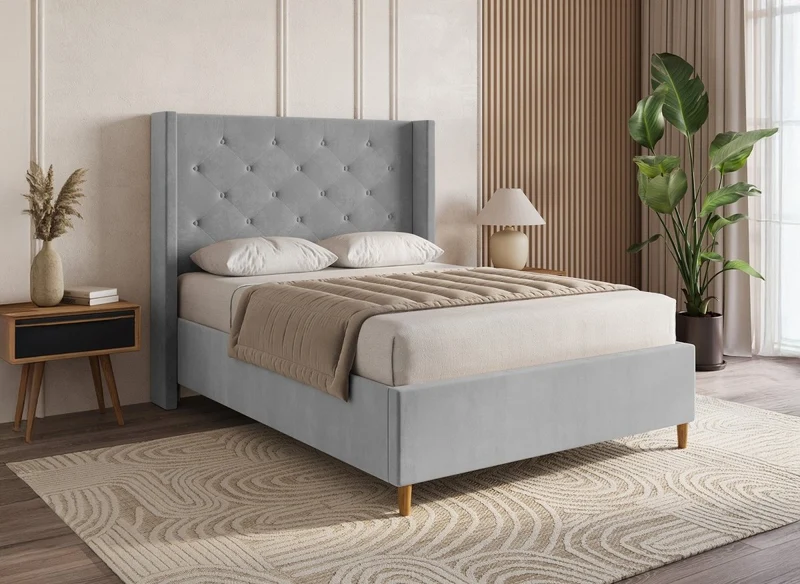 Cama doble MAREVA de terciopelo gris capitoné, 140x190 cm