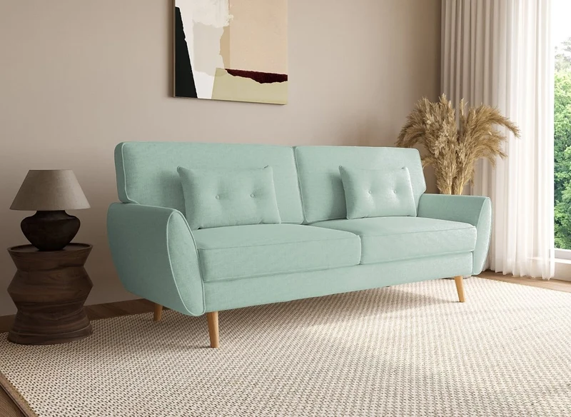 Sofá Panama clic-clack tapizado en tela verde claro con patas de madera