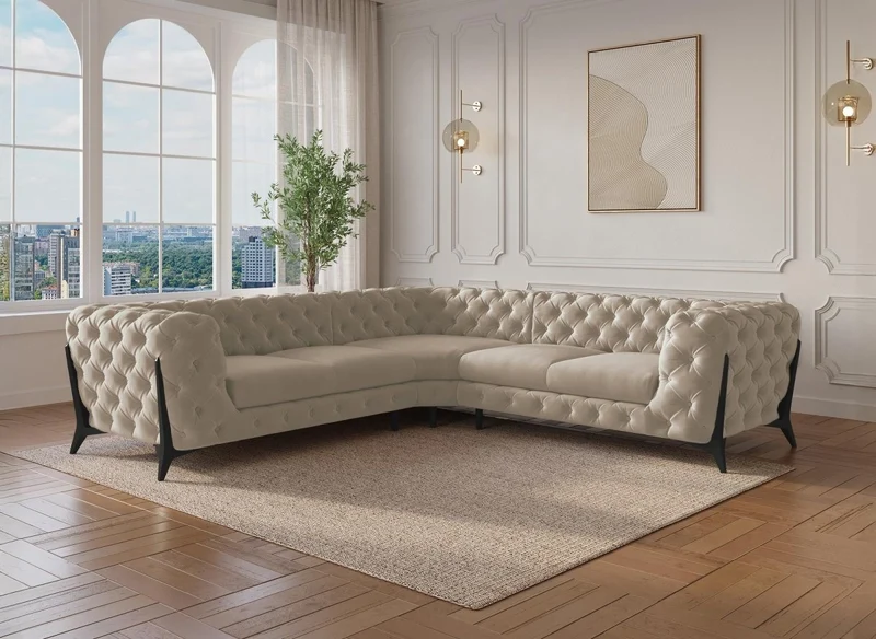 Sofá esquinero fijo CARMEN, estilo Chesterfield capitoné, terciopelo beige