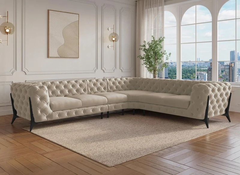 Sofá esquinero reversible CARMEN Chesterfield capitoné en terciopelo beige