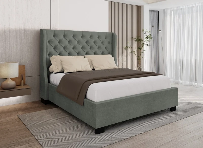 Cama tapizada con almacenaje FLORINE de 140 x 190 cm en tela de lino gris