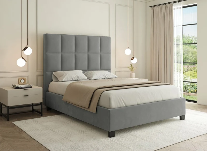 Cama de diseño CAROLINE con almacenaje, tapizada en terciopelo gris, 180 x 200 cm