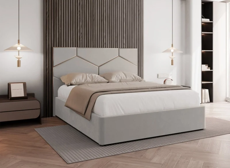 Cama de diseño LARA de 180 x 200 cm con cabecero de terciopelo color topo para almacenaje