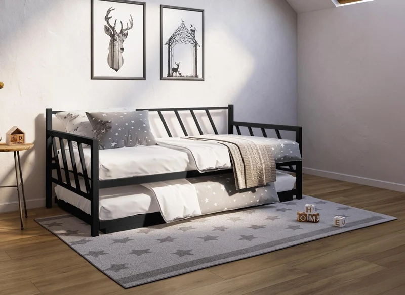 Sofá cama TORRY de metal negro con cama nido extraíble, 90 x 190 cm