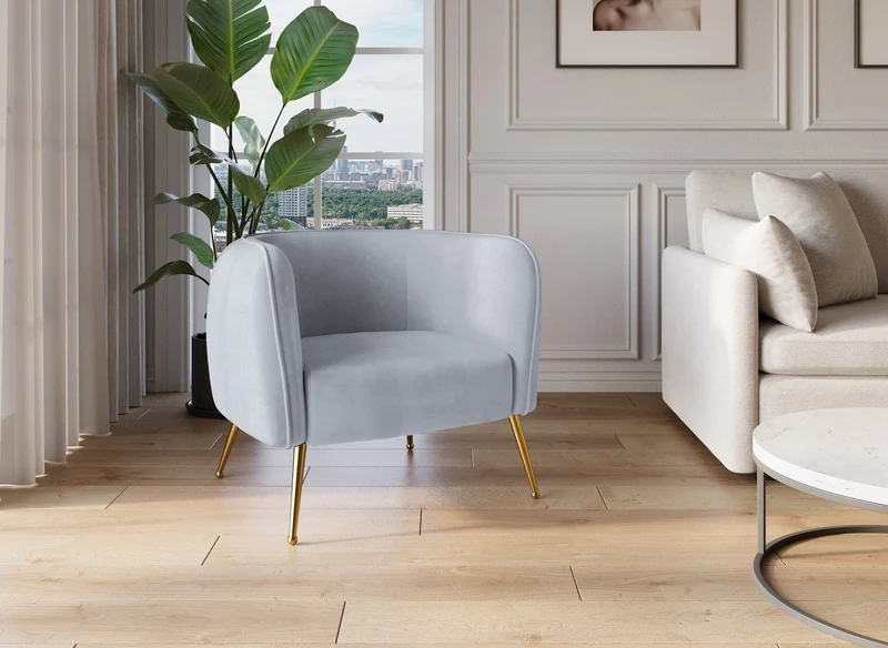 Sillón cabriolé PERRY en terciopelo gris con patas doradas