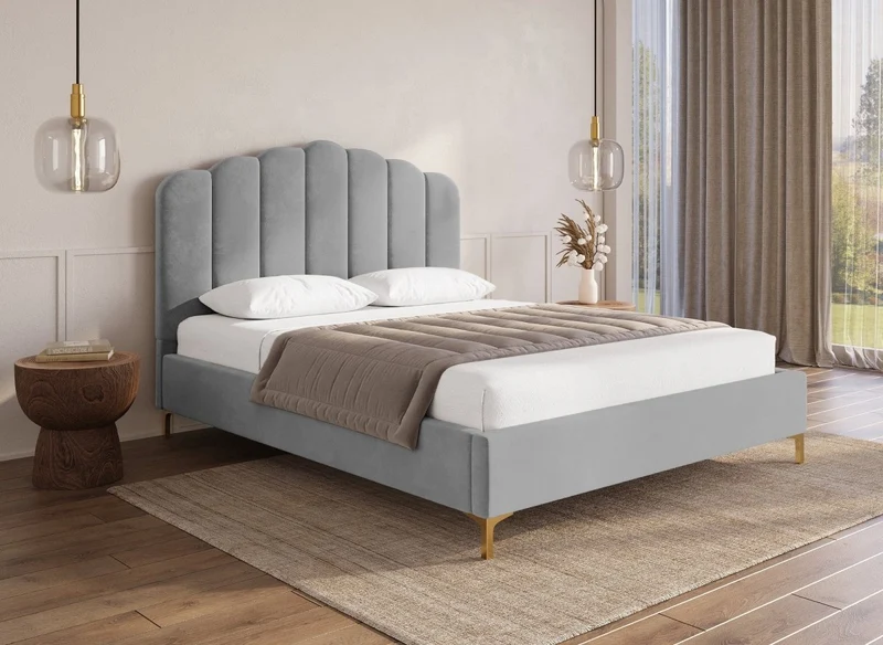 Cama doble MARION de terciopelo gris, 140 x 190 cm