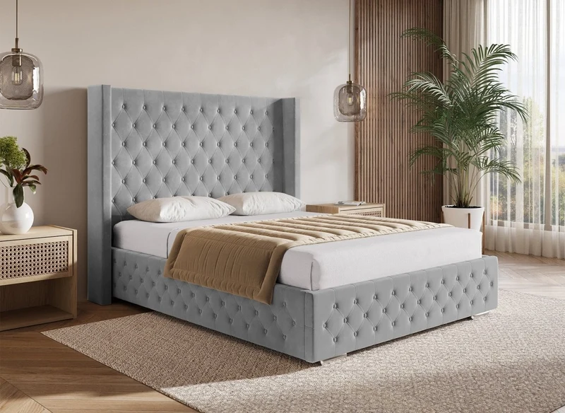 Cama con almacenaje PERLA de terciopelo gris 180x200 cm