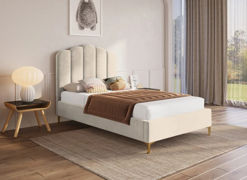 Cama individual MARION en terciopelo beige, 90x190 cm