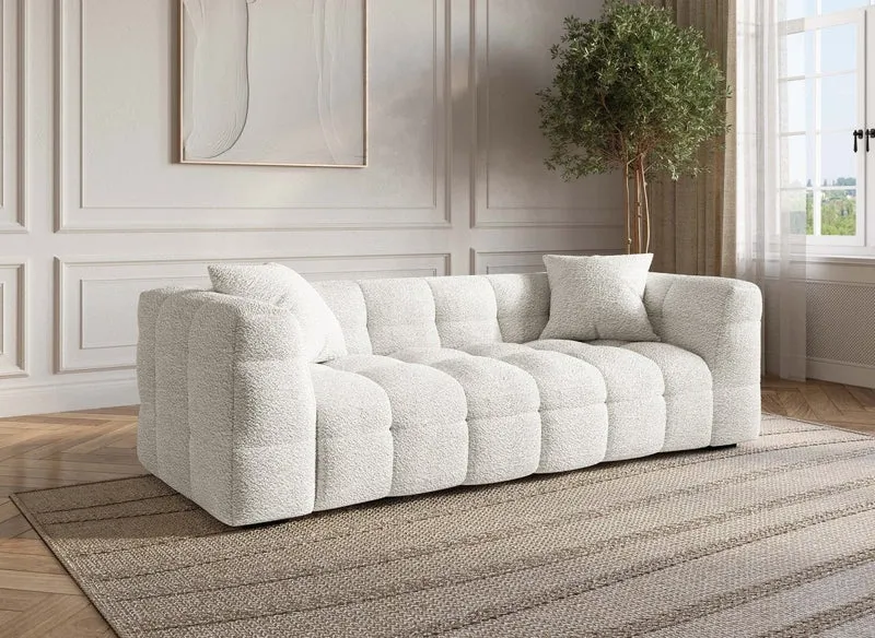 Sofá fijo BELLA de 3 plazas en efecto piel de oveja color blanco roto