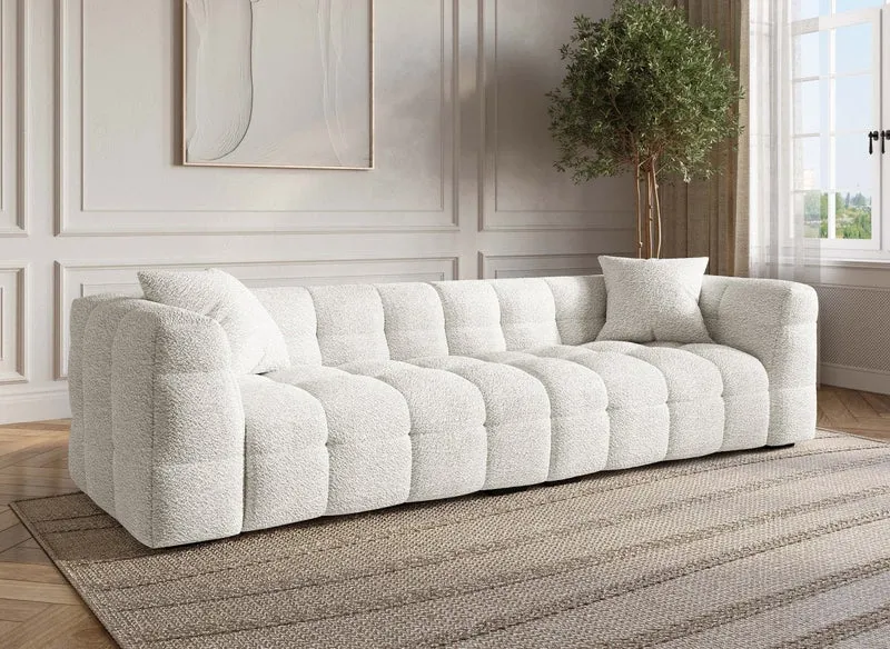 Sofá fijo BELLA de 4 plazas en efecto piel de oveja color blanco roto