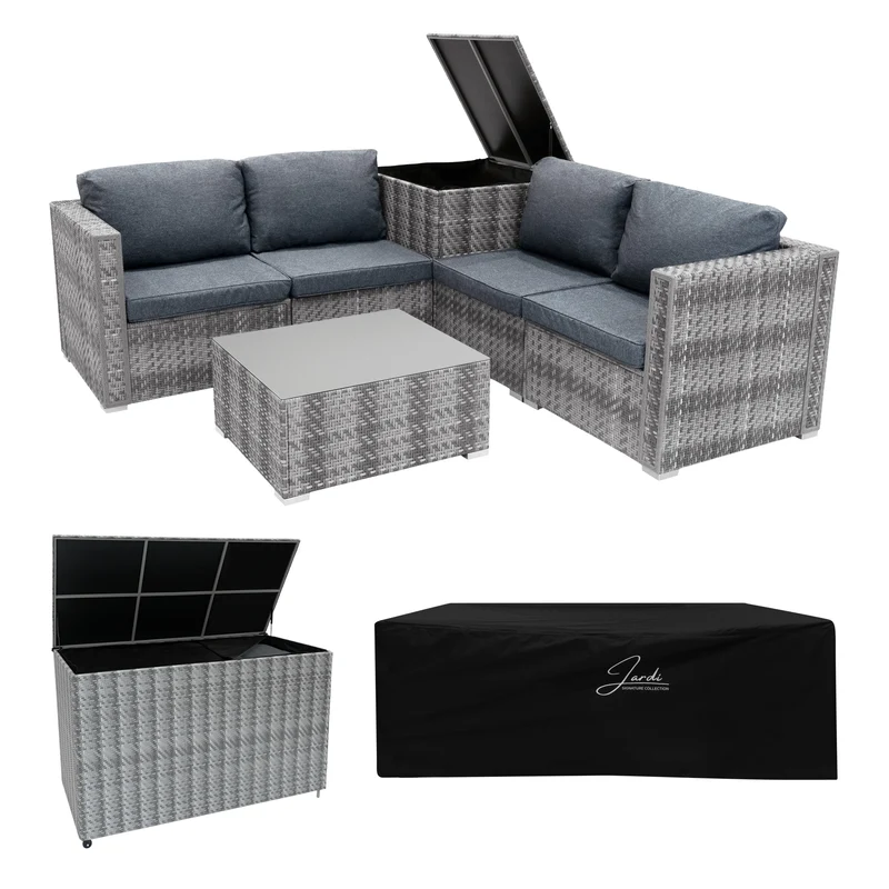Conjunto Modular de Ratán (6 piezas) con Caja de Almacenamiento 700L (Gris)