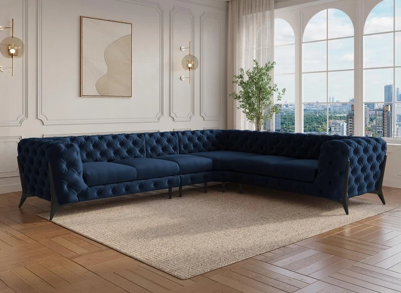 Sofá esquinero reversible CARMEN Chesterfield capitoné en terciopelo azul