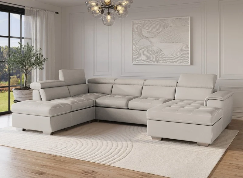 Sofá cama y panorámico OLIVER con compartimento de almacenamiento en tela beige - Esquina derecha