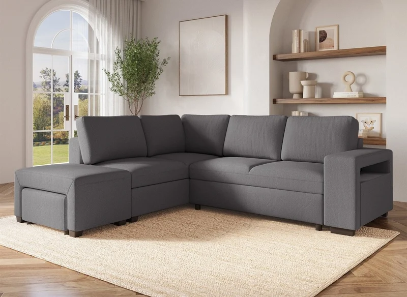 Sofá cama esquinero ALBAN en tela gris oscuro - Esquina izquierda