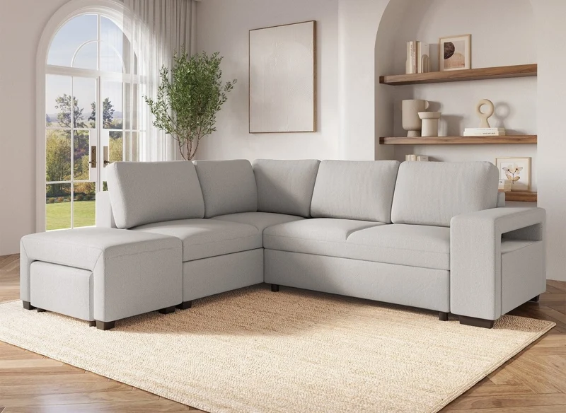 Sofá cama esquinero ALBAN de tela beige - Esquina izquierda
