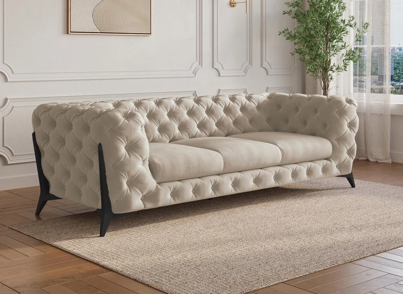 Sofá fijo CARMEN de 3 plazas, estilo Chesterfield capitoné, terciopelo beige