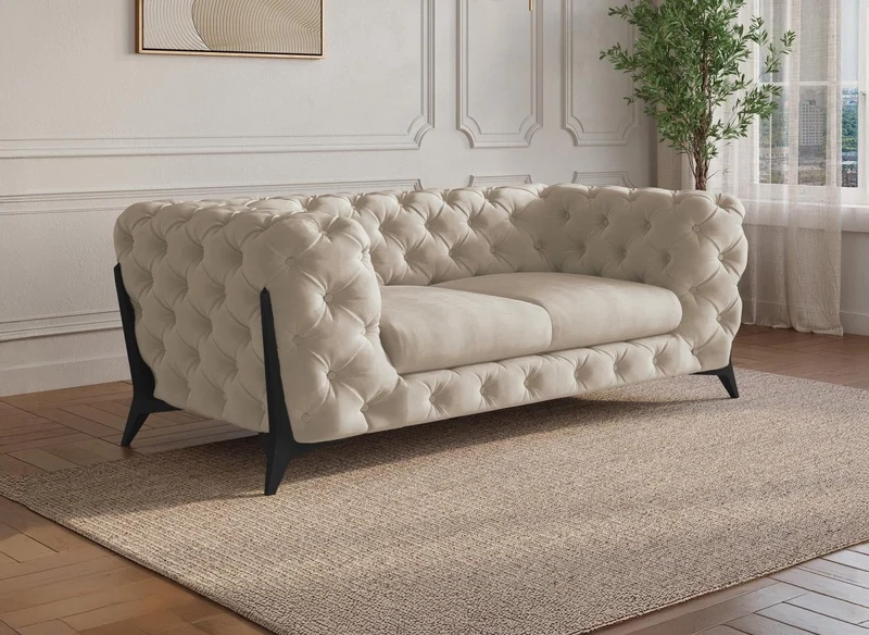 Sofá fijo CARMEN de 2 plazas estilo Chesterfield capitoné, terciopelo beige