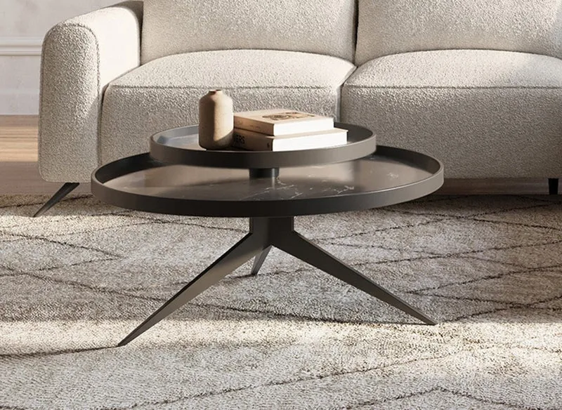 Mesa de centro redonda MIRANY con 2 estantes giratorios de cerámica y metal negro