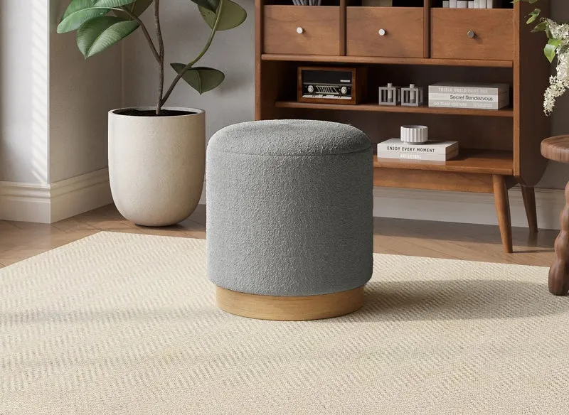 Puf DENIA en tejido gris efecto piel de oveja y madera