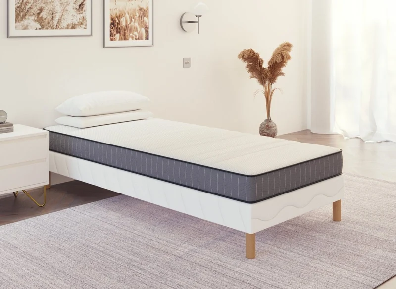 Juego de base de cama tapizada WOLK de 90x190 cm y colchón de espuma de 15 cm