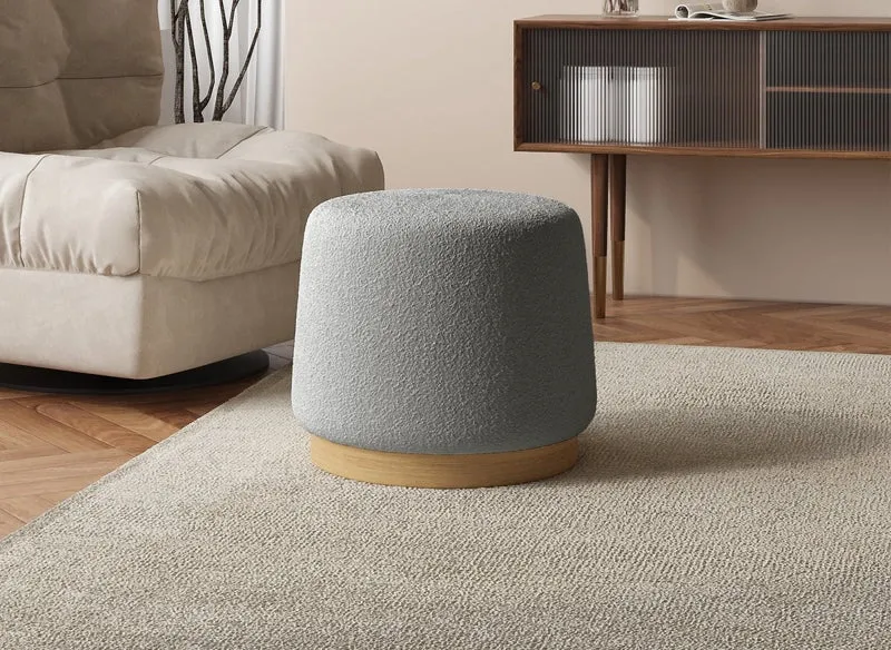 Puf de diseño MELIA en tejido gris efecto piel de oveja y madera