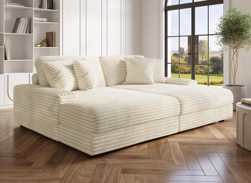 Sofá chaise longue recto de 2 plazas DAHO en tejido acanalado beige suave