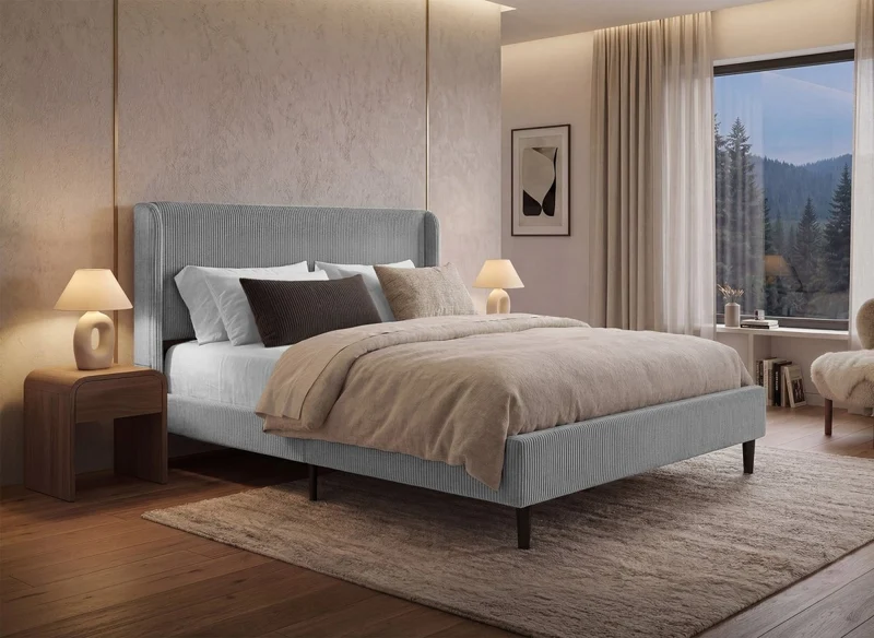 Cama doble LEVY en pana gruesa gris claro de 140x190 cm
