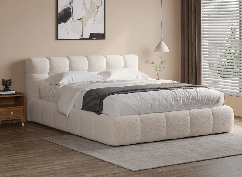 Cama doble GEORGINA de tejido bouclé crudo 180x200 cm