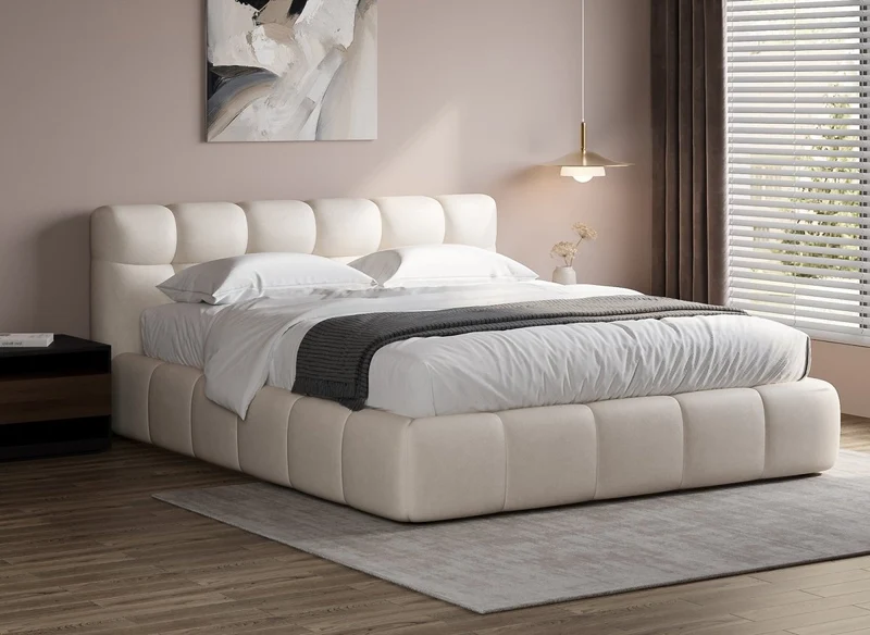 Cama doble GEORGINA de terciopelo beige, 160 x 200 cm