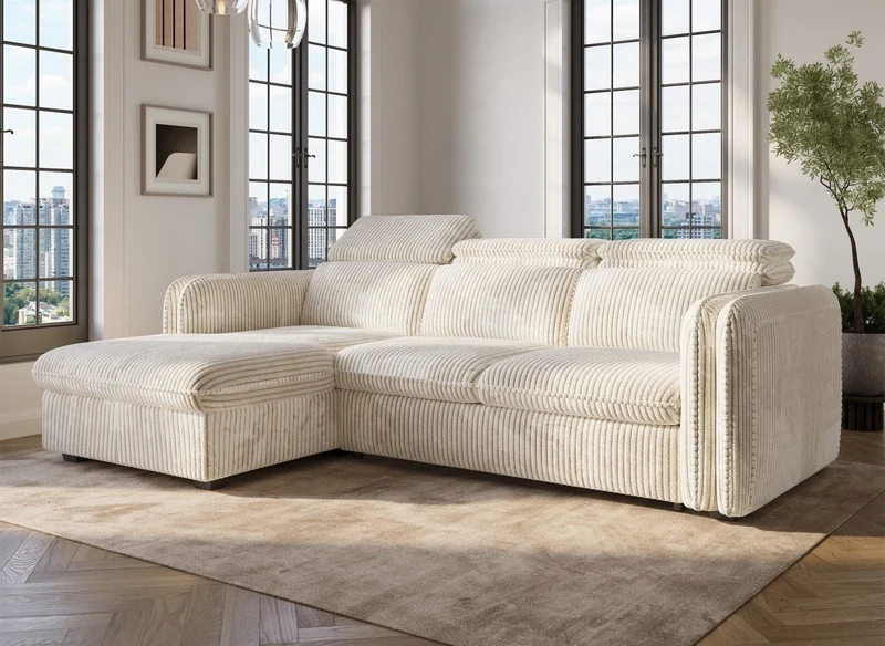 Sofá cama esquinero ISABELLA en pana gruesa color beige - Esquina izquierda