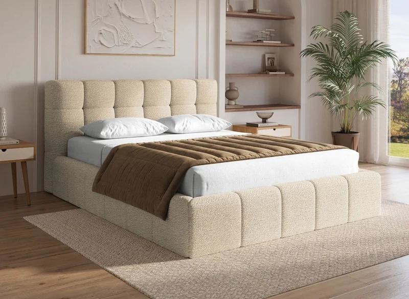 Cama contenedor de tela bouclé beige MILIE 180x200 cm
