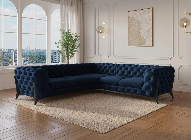 Sofá esquinero fijo CARMEN, estilo Chesterfield capitoné, terciopelo azul