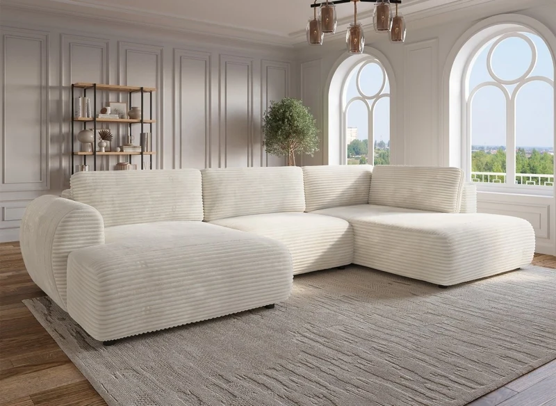 Sofá cama panorámico convertible TILDA con almacenaje en terciopelo de pana beige - Esquina derecha