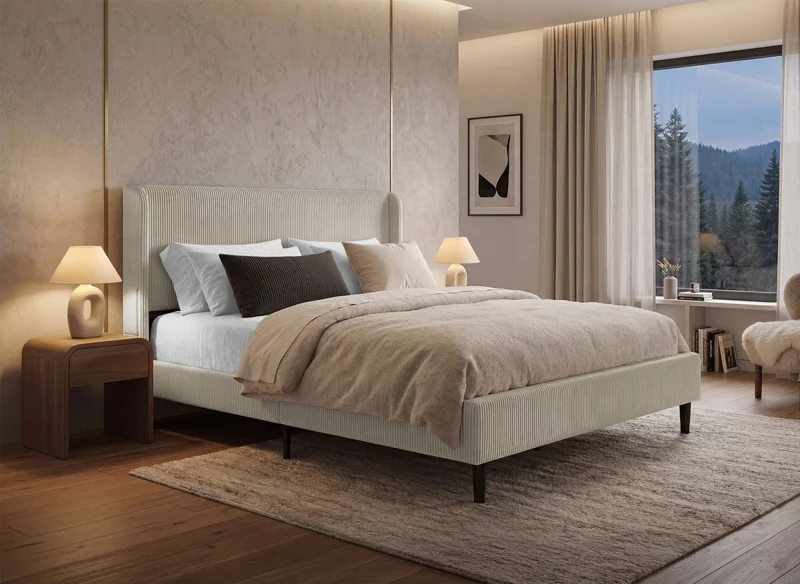 Cama doble en pana gruesa color topo 140x190cm LEVY