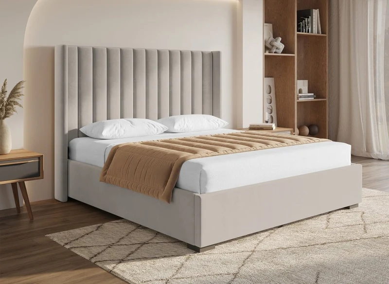 Cama con almacenaje ALENA de terciopelo color topo, 180x200 cm